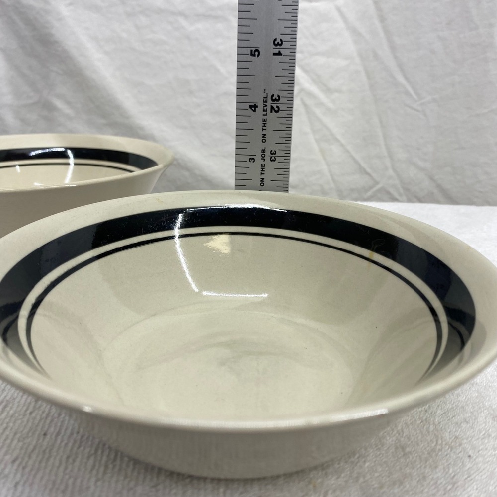 Set of 2 Stoneware Cereal Bowls Cream with Black Double Banded Rim 6.75 inch